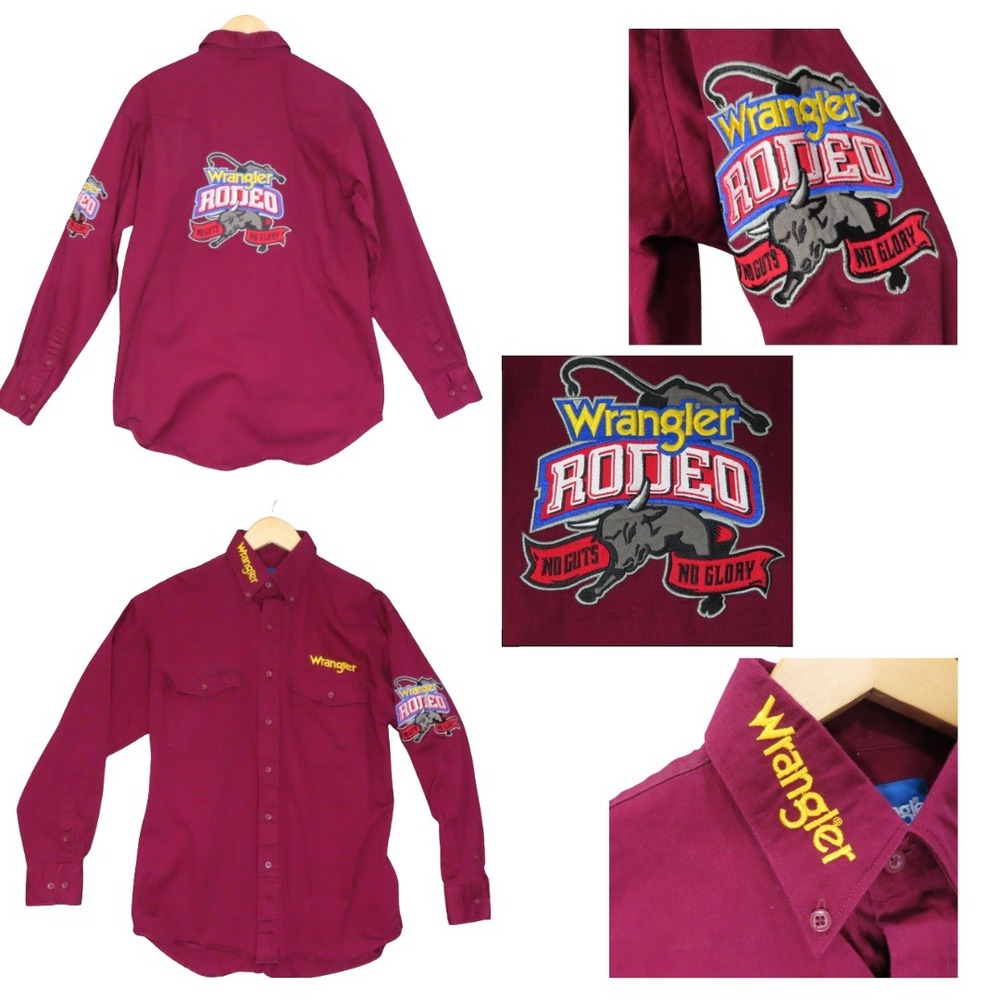 Wrangler Rodeo No Guts No Glory Western Shirt Medium Maroon Red Long Sleeve VTG